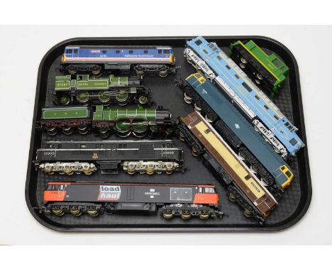 Nine unboxed trains, various makers, including: Bachmann, LIMA, 00/HO-gauge, American and European Outlines; and British Rail