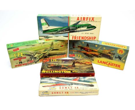 Five boxed Airfix model construction kits, military and commercial aircraft, four being 1:72nd scale, the other 1:144 scale.