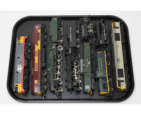 Nine unboxed locomotives, by Lima, Rivarossi and others, 00/HO-gauge, American and European outlines.