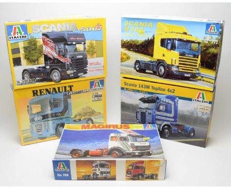 Five boxed Italeri scale model trucks, 1:24 scale, comprising: No. 3816, 3910, 3819, 743 and 768.