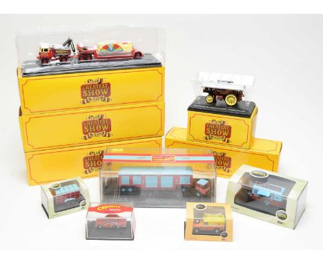 Boxed scale model vehicles, each with a circus theme, by Atlas and Oxford, including: 0199/2500 Chipperfields camel trailer. 