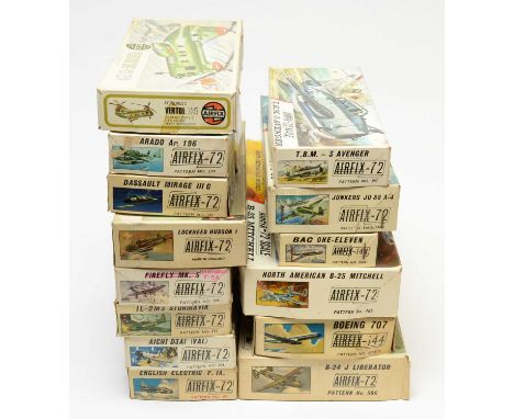 Fourteen boxed Airfix model construction kits, predominantly red stripe, with exception of one, military aircraft, 1:72nd sca