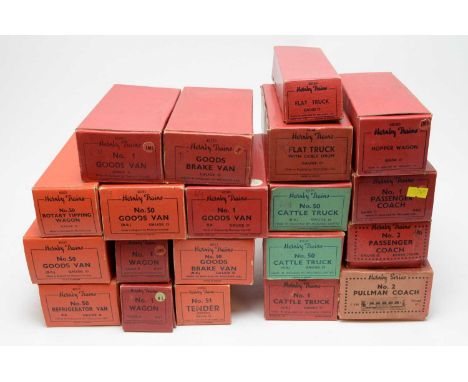 Boxed Hornby 0-gauge trains and rolling stock, comprising: 42170 goods brake van, 42160 No. 1 goods van, 42221 No. 50 rotary 