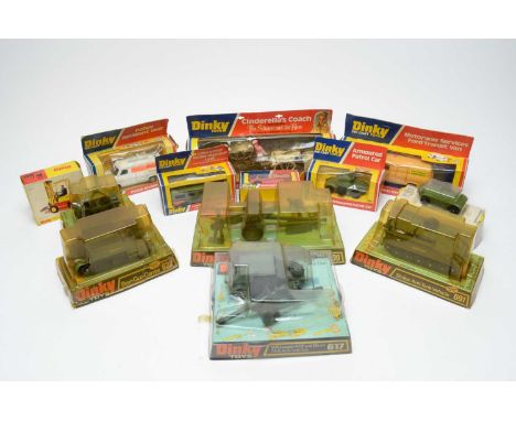 Boxed Dinky scale model vehicles, including military transport, No. 601, 617, 622, 609 and 691, etc.