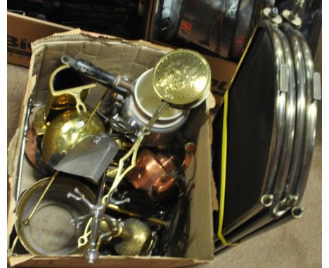 A mixed group of metalware including fire guard and various fire tools, Middle Eastern style brass ewer, copper teapot, pair 