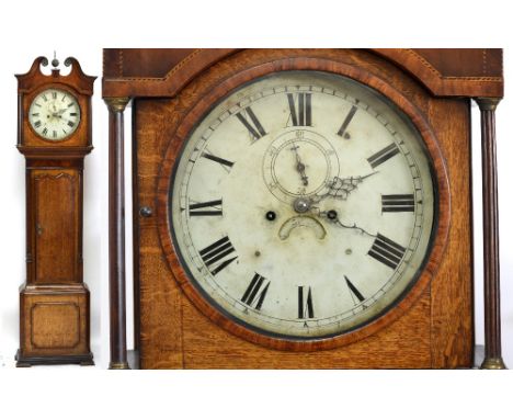 A George III oak, mahogany and inlaid longcase clock, the broken swan neck pediment above a painted circular dial set with Ro