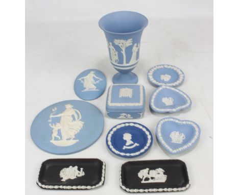 A small quantity of Wedgwood jasperware including a plaque, trinket dishes and a vase.