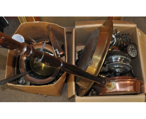 A group of metalware including a copper warming pan, a kettle, and an Art Nouveau decorated jardinière, a brass charger and a