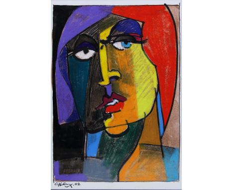 GEOFFREY KEY (born 1941); mixed media on paper, abstract portrait of a woman, signed and dated '02 lower left, image 25.5 x 1