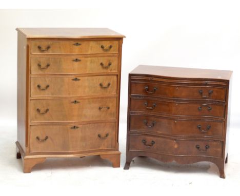 A reproduction mahogany serpentine fronted chest of five long drawers on bracket feet, width 76cm, and a further bachelor's c