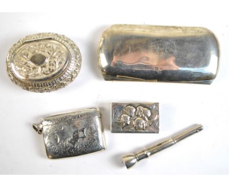 Four variously hallmarked silver items to include a Reynolds Angels pattern decorated matchbox case, Walker &amp; Hall, Sheff