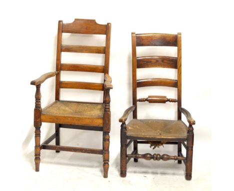 A 19th century ash and elm ladder back side chair (af), and another similar chair (2).