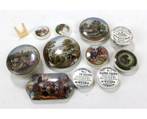A Pratt ware type pot and cover decorated with Shakespeare's house, diameter 10.5cm and four lids, the largest decorated with