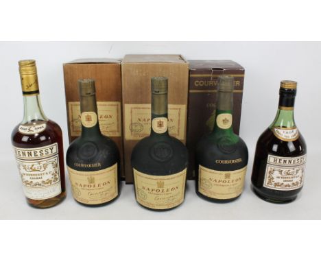 Three boxed bottles of Courvoisier Napoleon branded Old Liqueur (x2) and Fine Champagne Cognac and two further bottles of Hen