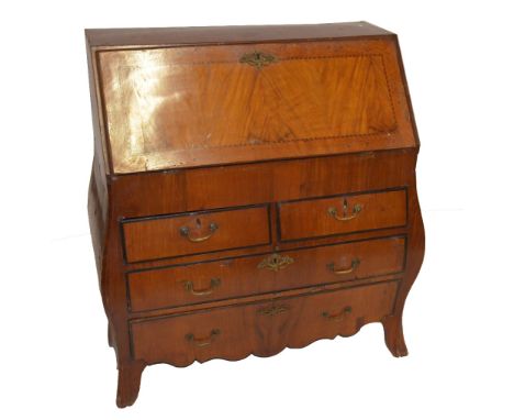 An 18th century Continental walnut and inlaid bureau of bombe outline, with fall-front, sliding well beneath fitted interior 
