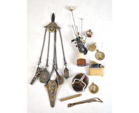 A small group of collectors' items to include a five piece chatelaine, a group of hat pins to include a Japanese satsuma porc
