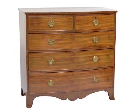 A 19th century mahogany bowfronted chest of two short and three long drawers raised on bracket feet, width 110cm.