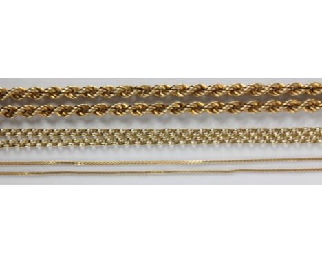 A 9ct yellow gold rope twist chain necklace, length 46cm, and a further 9ct gold fine fancy link necklace, also a gold plated