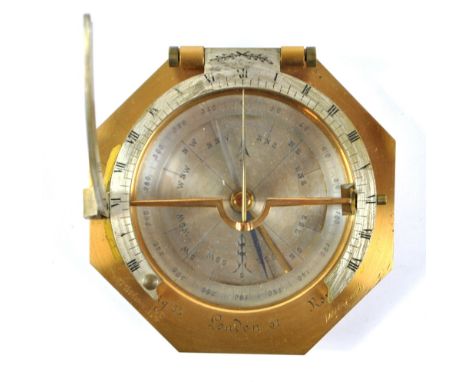 ABRAMS &amp; CO OF LIVERPOOL; a lacquered brass hexagonal compass in fitted leather case, diameter 10cm.