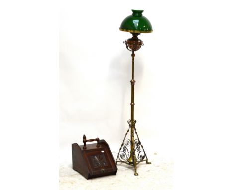 An early 20th century Arts and Crafts telescopic brass standard lamp with copper reservoir, a coal scuttle, and 2 fireplace t