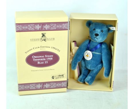 STEIFF; a boxed replica Teddybär 1908 Blau 35 Button in Ear teddy bear with blue ribbon suspending Steiff Club Edition 1994 b