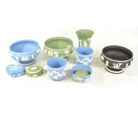 A group of Wedgwood jasperware including black basalt pedestal bowl, pair of small planters, trinket dishes, etc.