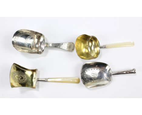 Four George III hallmarked silver shovel caddy spoons to include a mother of pearl handled example with gilt and engraved bow