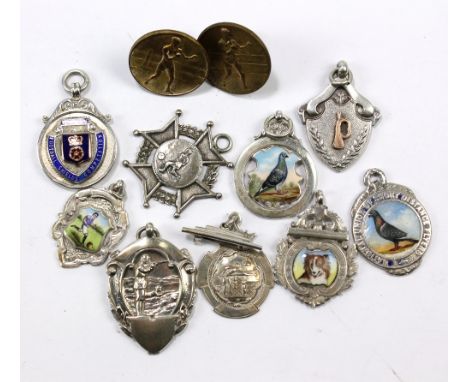 Nine variously hallmarked silver fob medals related to various sports including snooker and football, also enamel decorated e