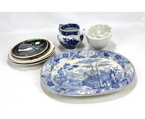 A small group of ceramics including cream glazed jelly mould, blue and white jug, Wedgwood 'Rustic' faience anglaise plate wi