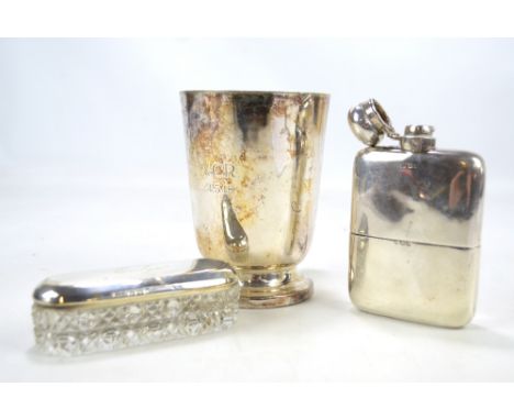 A George V hallmarked silver hip flask (af), maker's mark rubbed, Birmingham 1915, a silver topped vanity jar inscribed 'Evel