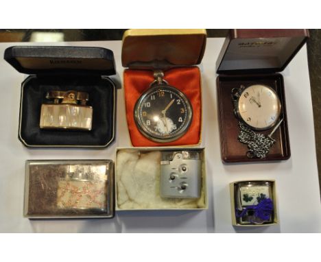 A WWII period military issue crown wind pocket watch with subsidiary seconds dial, stamped with broad arrow mark and further 