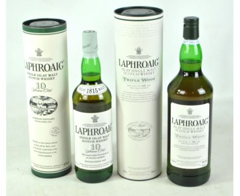 Two bottles of Laphroaig Islay single malt Scotch whisky comprising Triple Wood, 1ltr 48% and Ten Years Old, 70cl 40%, both i