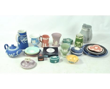 A collection of various Wedgwood to include a green Jasper dip jug, height 10.5cm, a blue teapot, a turquoise finger box and 