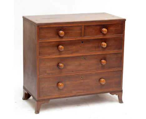 An early 19th century mahogany chest of two short and three long graduated drawers raised on splay bracket feet, width 98cm.