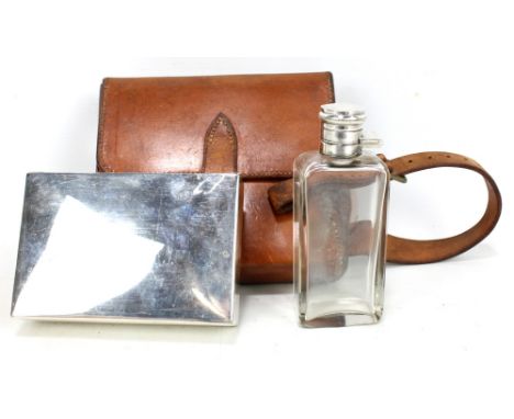 A leather cased flask and hinged sandwich tin (strap af).