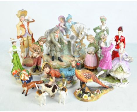 A group of Continental bisque ceramic figures including three Capodimonte examples, a Royal Crown Derby duck paperweight (sec