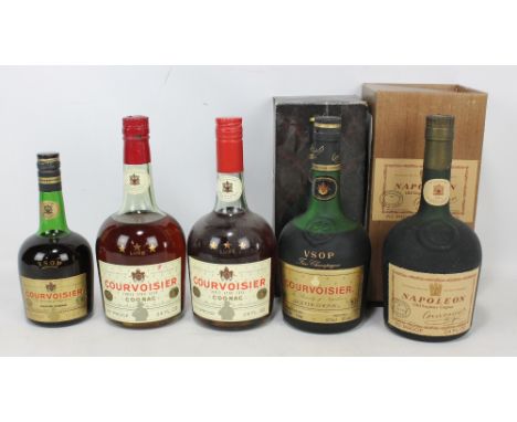 Five bottles of Courvoisier Cognac including Napoleon branded (these boxed) and two 3 Star Luxe examples (5). 