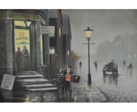 E ANTHONY ORME (British, born 1945); pastel, a lamp lit figural street scene with boy and bicycle outside shop to foreground 