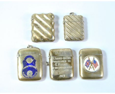 Five variously hallmarked silver vesta cases to include an enamelled 'A Match for All' Wormald's Locks example, Mappin &amp; 