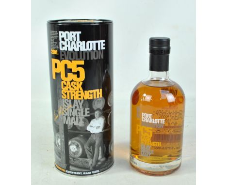 A single bottle of Port Charlotte Evolution PC5 cask strength Islay single malt whisky, 700ml 63.5%, in presentation tin with