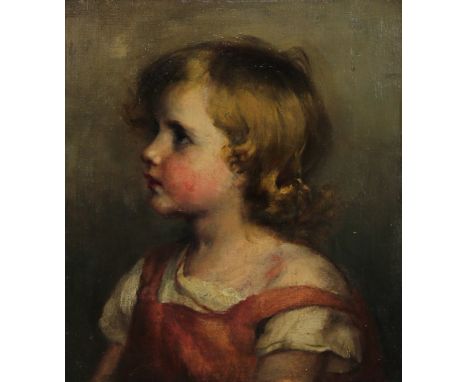 UNATTRIBUTED; a 19th century oil on canvas, portrait of a young girl, unsigned 34.5 x 29.5cm, with traces of old labels to th