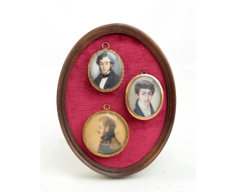 Two 19th century portrait miniature mourning pendants in gold plated cases, one with glazed back, 6.5 x 5.5cm, the other with