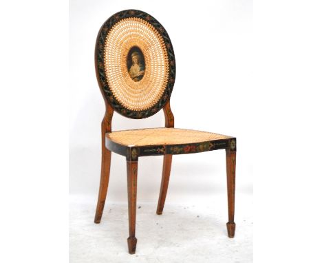 An Edwardian satin walnut painted and bergère caned side chair, the oval back with floral decorated border and central portra