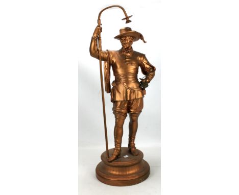 A spelter lamp base modelled as a cavalier on circular plinth, height excluding fitment approx 72cm.