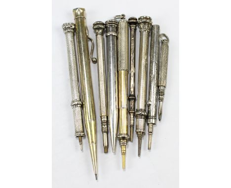 Eight various silver and base metal propelling pencils to include a Sampson Mordan example, a Baker's perm-point hallmarked s