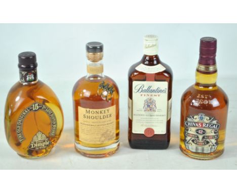 Four bottles of blended Scotch whisky comprising Ballantine's Finest, Monkey Shoulder Batch 27, Chivas Regal Aged 12 Years an