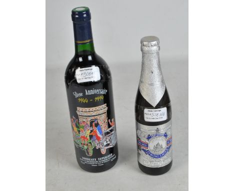 A single bottle of Bordeaux Superieur red wine with '50eme Anniversaire 1944-1994' label, 75cl 12%, and a bottle of Ind Coope