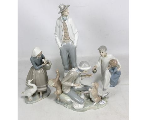 A Lladro figure of a gentleman, height 38cm, a further example of a girl with duck and ducklings, a Nao example and a Rosal e