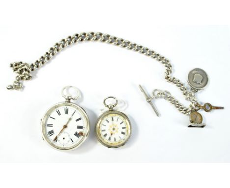 A lady's Swiss 0.935 silver cased key wind fob watch, a sterling silver cased pocket watch (af) and a silver Albert chain wit