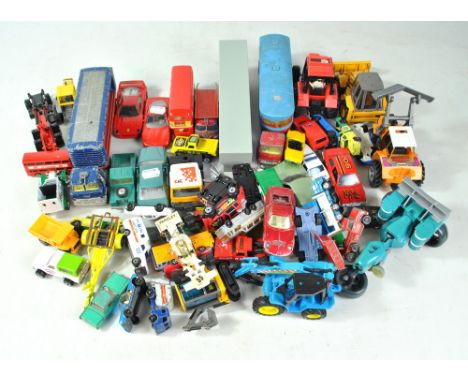 A group of loose diecast and plastic model vehicles with manufacturers including Corgi, Lesney, Matchbox, etc, all playworn.